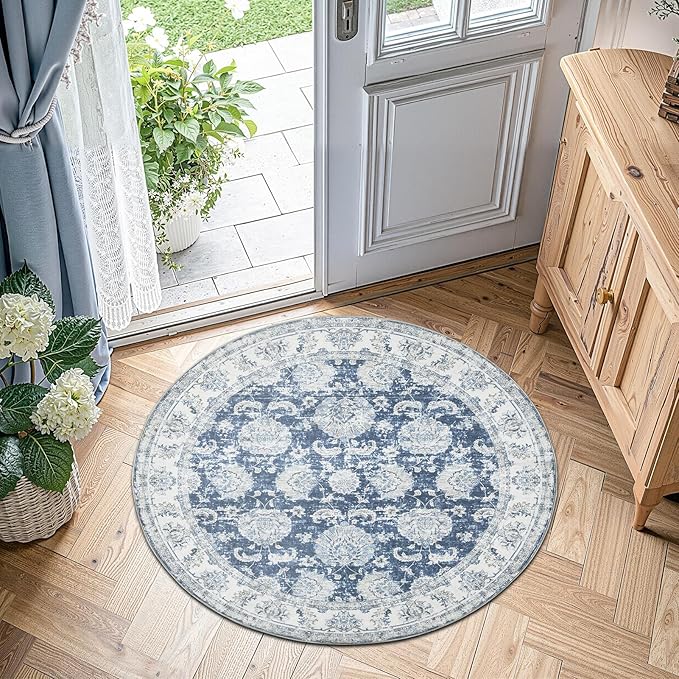 jinchan Fiora Round Rug 4ft Area Rug - Indoor Vintage Hallway Circle 4' Washable - Ultra-Thin Low Pile Soft Small Non Slip Distressed Floral Print for Living Room Bedroom Entryway Dark Blue