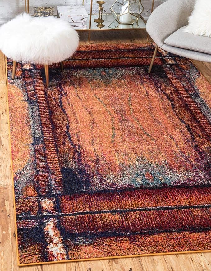 Unique Loom Estrella Collection Rustic, Distressed, Modern, Abstract Area Rug (8' 0 x 11' 0 Rectangular, Orange/Black)