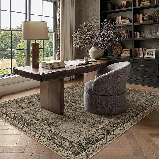 5x7 Washable Area Rug Brown Vintage Distressed Rug for Office Oriental Soft Thin Indoor Retro Carpet Non Slip Low Pile Floor Cover for Living Ding Room Bedroom Laundry Dorm
