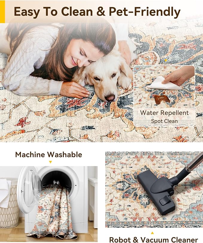 Area Rugs 6'x9' Washable Non-Slip, Floral Vintage Distress Print Pattern Medallion Carpet for Living Room Bedroom Dining Room, Beige Navy Blue Orange Colorful