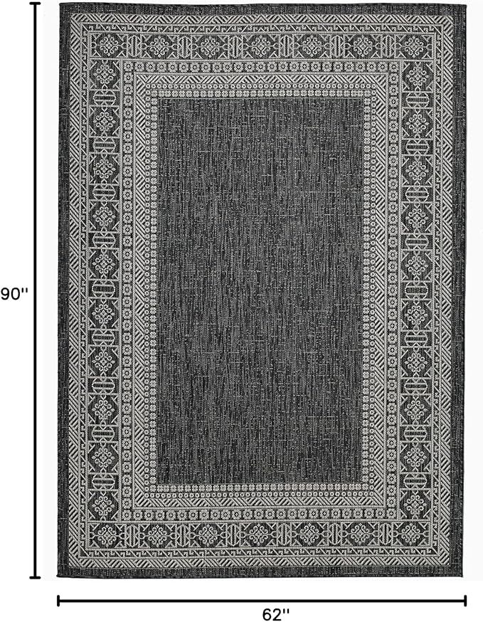 FH Home Flat Woven Outdoor Rug - Waterproof, Easy to Clean, Stain Resistant - Premium Polypropylene Yarn - Bordered Moroccan - Patio, Porch, Deck, Balcony - Accra - Charcoal - 5ft 2in x 7ft 6in