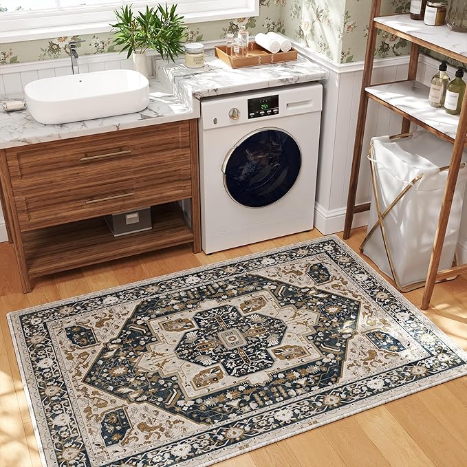EnHomee 4x6 Washable Area Rugs for Bedroom, Boho Vintage Rugs, Foldable Area Rug for Dining Room, Non-Slip Soft Living Room Rug, Low Pile Large Carpet for Bathroom, Blue and Brown