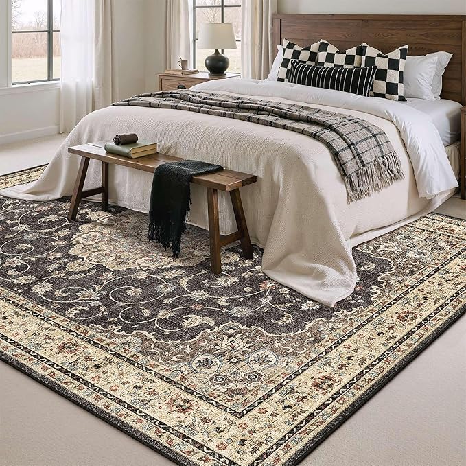HUGEAR Machine Washable Area Rugs 5x7 Vintage Black Living Room Bedroom Rug Neutral Style Non Slip Stain Resistant Low Pile Throw Carpet for Home Retro Aesthetic Modern Decor