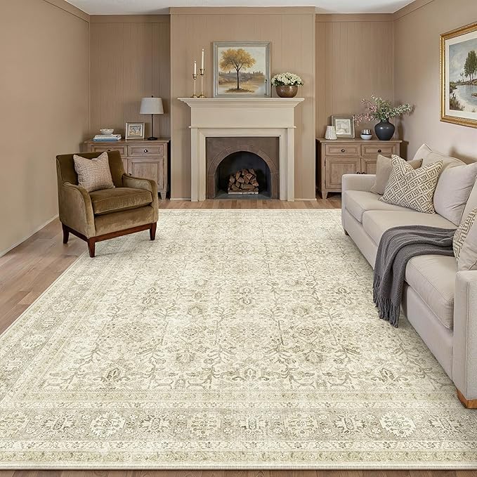 Vintage Area Rug 6x9 Beige Washable Living Room Large Carpet Non Slip Bedroom Indoor Office Low Pile Traditional Distressed Retro Accent Rug for Dining Room Kitchen