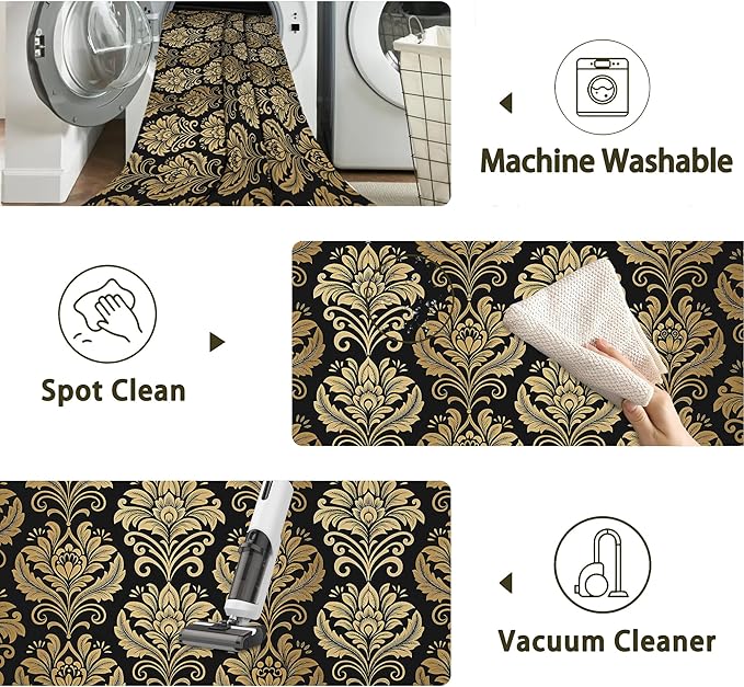 Black Damask Flower Golden Carpet for Living Room, 5x7 Non-Slip Washable Low Pile Abstract Design Rug, Space Saving Area Rug for Bedroom, Dining Room