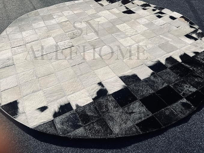 Round Geometric Patchwork Cowhide Leather Area Rug – Washable Non-Slip Modern Carpet for Living Room, Bedroom, Office & Home Décor, Faux Cowhide Accent Rug (Black & White, 10×10ft)