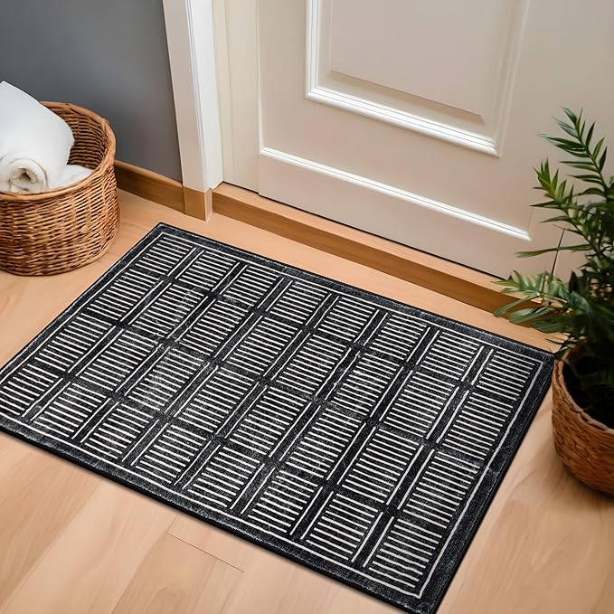 Rugshop Bohemian Stripe Lines Washable Non Slip Area Rug 2' x 4' Black