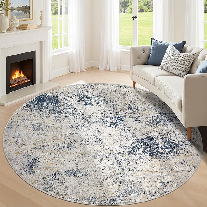 6ft Washable Round Rug - 6x6 Area Rugs Modern Abstract Rugs for Living Room Non-Slip Low Pile Soft Machine Washable Carpet for Bedroom, Living Room, Dining Room, Nursery, Farmhouse (6'x6' Beige Blue)