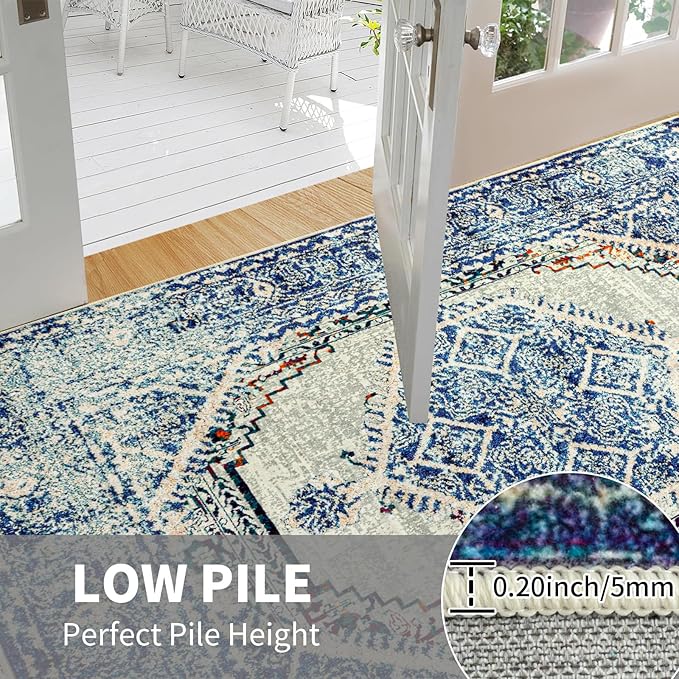 Easy-Going Boho Area Rug 2x3 Washable Entryway Rugs Front Door Mat Indoor Entrance Non-Slip Vintage Distressed Small Entry Rug for Living Room Kitchen Bathroom Office Lightweight Carpet, Blue Cream