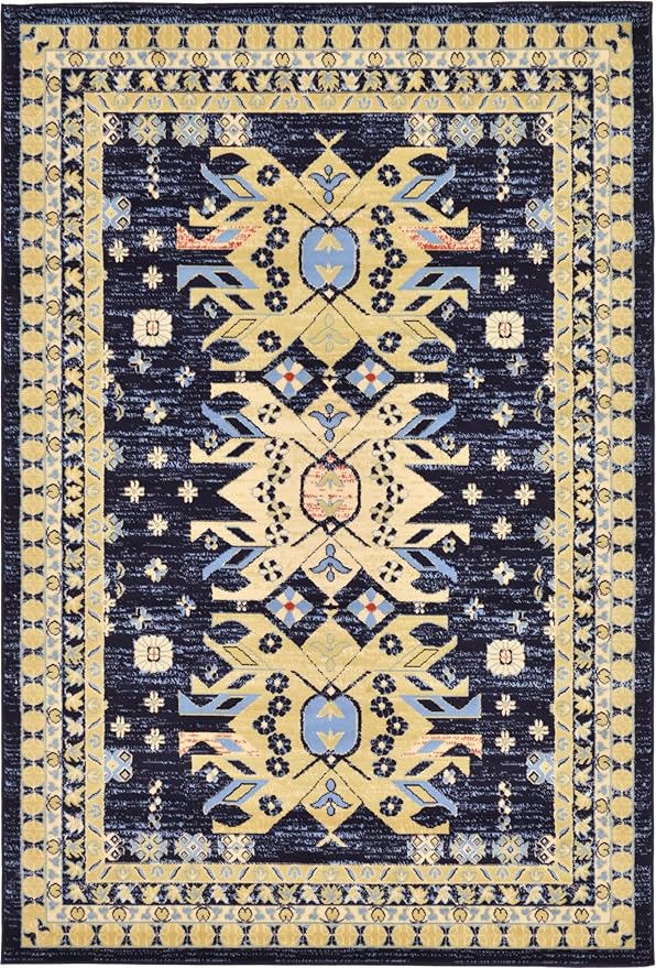 Unique Loom Taftan Collection Border Geometric Tribal Inspired Design Area Rug (6' 0 x 9' 0 Rectangular, Navy Blue/ Gold)