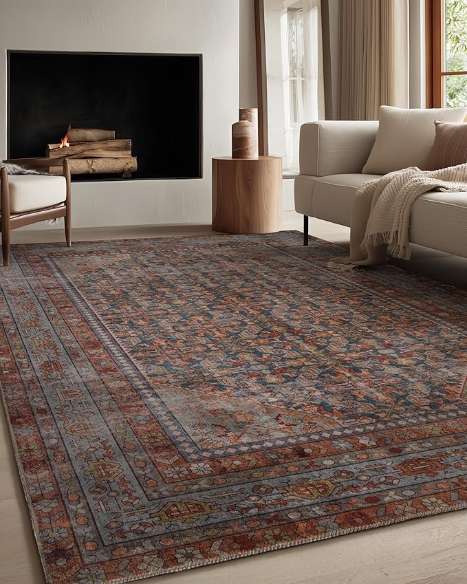 Kuden 9x12 Large Area Rug, Machine Washable Area Rug with Non-Slip Backing, Vintage Style, Soft, Easy Clean, Low Pile Rug for Living Room, Bedroom, Dining Room