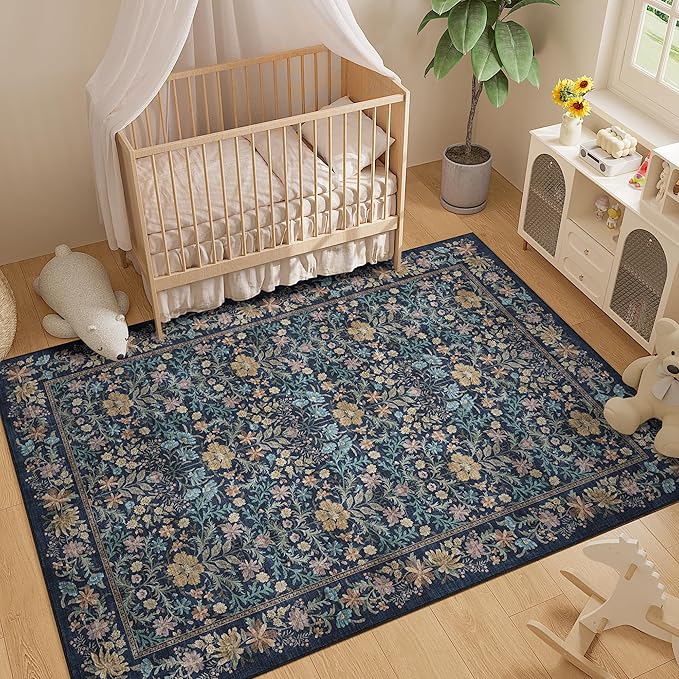 DUKINO 5x7 Area Rugs, Floral Washable Rugs for Bedroom with Non Slip Backing, Vintage Low Pile Indoor Floor Carpets for Bedroom, Living Room, Farmhouse, Home Office, Dining Room, Dark Blue