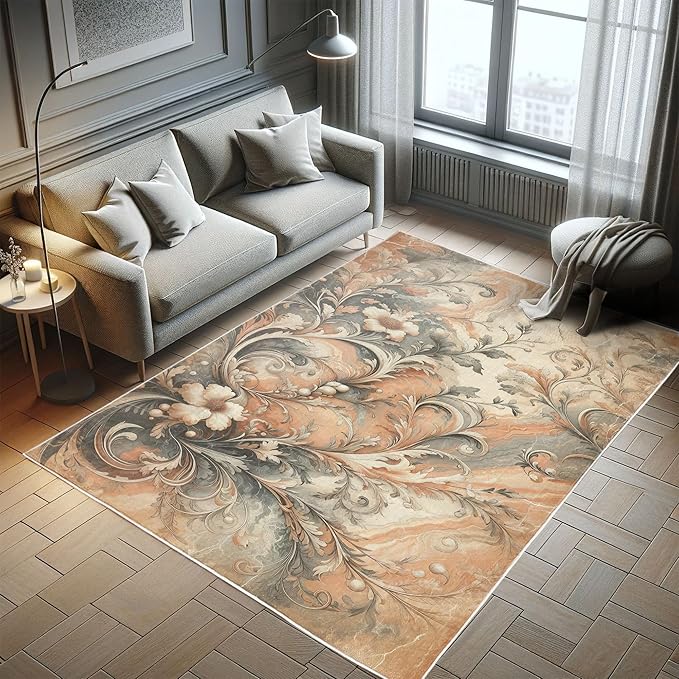 Ambesonne Floral Art Decorative Rug, Abstract Marble Print Look Victorian Curlicue Leaves Boho Flowers, Quality Carpet for Bedroom Dorm and Living Room, 4' X 5' 5", Salmon Blue Grey Eggshell
