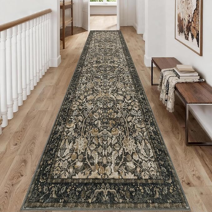 Washable Runner Rug 2x8: Vintage Boho Floral Carpet Runners for Hallway Entryway Non-Slip - Soft Botanical Low Pile Thin Mat for Kitchen Bathroom Bedroom Laundry Floor Decor - Dark Brown