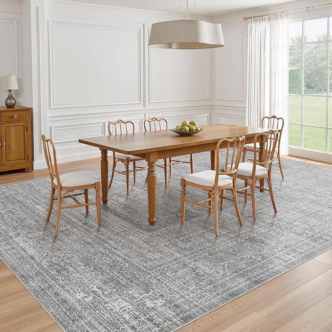 5x7 Area Rugs Living Room: Washable Large Vintage Grey Rug Neutral Non-Slip Soft Stain Resistant Indoor Carpet for Bedroom Nursery Dining Room Under Table Bed Home House Office Playroom