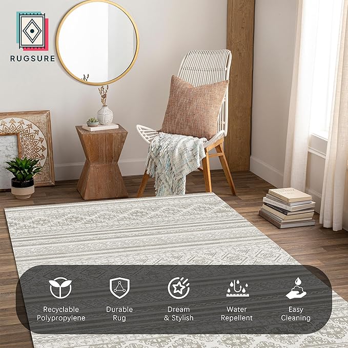 RUGSURE Washable Area Rugs 4' x 6' - 1/6 Thick - Moroccan-Inspired -Stain & Water Resistant Non-Slip - Resistant Rug for Living Room, Bedroom, Nursery, Pet & Child Friendly (Grey)