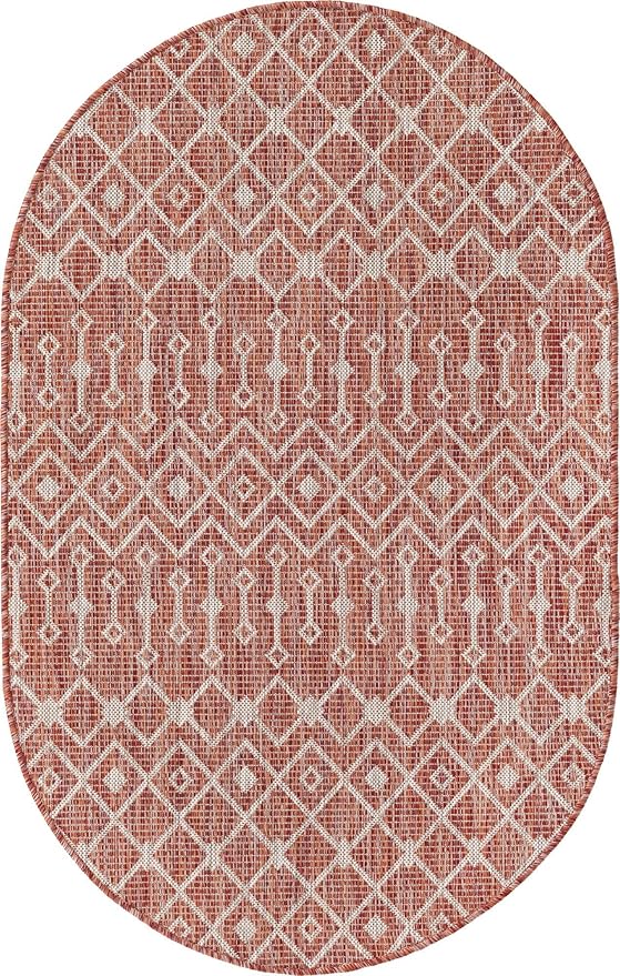 Unique Loom Outdoor Trellis Collection Area Rug - Tribal Trellis (3' 3" x 5' 3" Oval, Rust Red/ Ivory)
