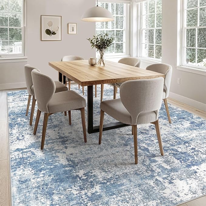 9x12 Area Rug Living Room Rugs - Washable Neutral Modern Abstract Soft Thin Rug Indoor Floor No Slip Rug Carpet for Bedroom Under Dining Table Home Office Decor - Blue White