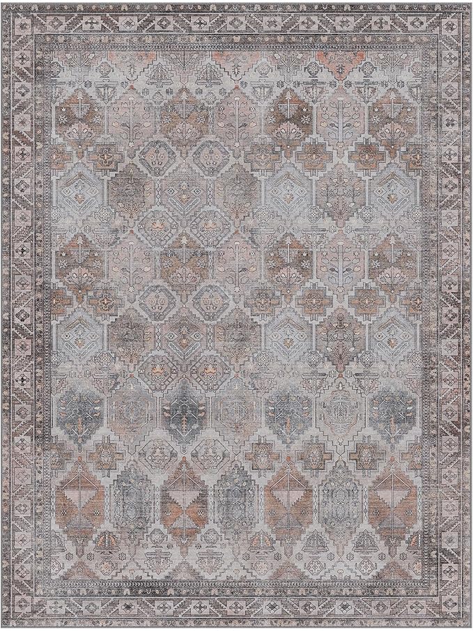 Bavni Washable Rug 5x7 Area Rug for Living Room Bedroom Dining, Washable Vintage Print Carpet, Ultra-Thin Chenille Low Pile Lightweight Rug with Non Slip Backing, Retro Grey
