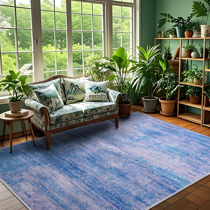 6x9 Abstract Area Rugs for Living Room, Modern Washable Indoor Rug for Bedroom, Thin Soft Large Non-Slip Carpet for Dining Room Home Office Farmhouse Decor - Abstract Blue Purple