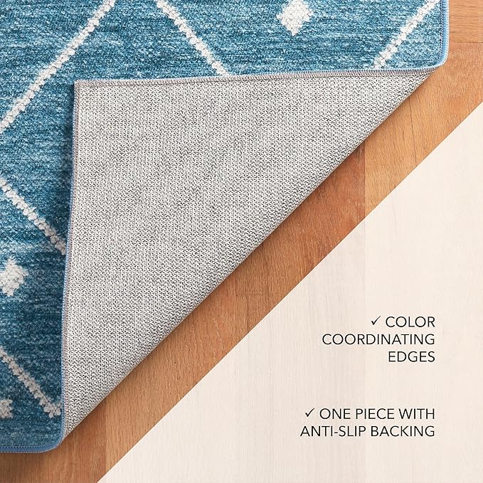Dash and Albert Kota Machine Washable Area Rug - Runner - 2.5' x 8' Indigo - Diamond Accent Rug - Anti-Slip Backing, Lightweight, Machine Washable, High Traffic Areas Kitchen, Mudroom, Laundry Room