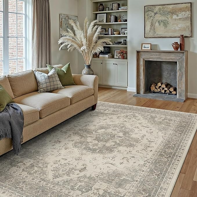 6x9 Washable Area Rug Beige Grey Vintage Distressed Large Rug for Living Room Oriental Soft Thin Indoor Retro Gray Carpet Non Slip Low Pile Floor Cover for Bedroom Dining Room Office Nursery