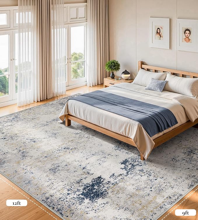 Area Rugs 9x12 Living Room - Modern Abstract Large Rugs for Living Room Non-Slip Low Pile Soft Machine Washable Carpet for Bedroom, Under Dining Table, Nursery, Farmhouse (9'x12' Beige Blue)