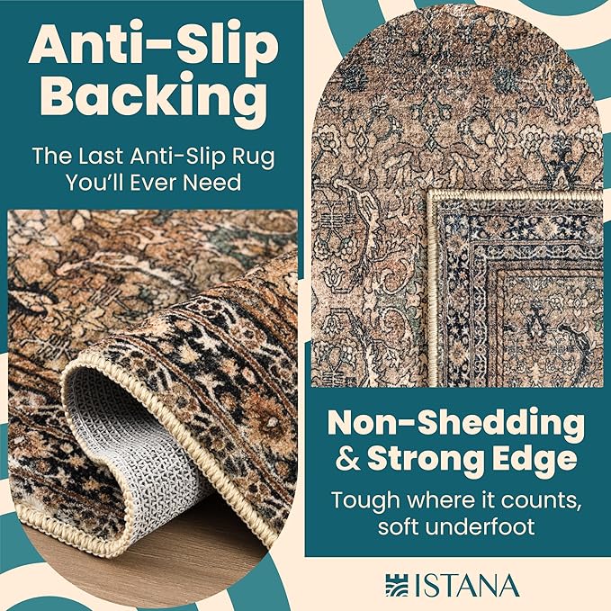 Istana Rugs 5x7 - Charcoal Olive Bedroom Rug - Foldable Rugs for Bedroom - Stain Resistant Washable & Eco-Friendly Boho Area Rugs - Easy to Clean Living Room Rug
