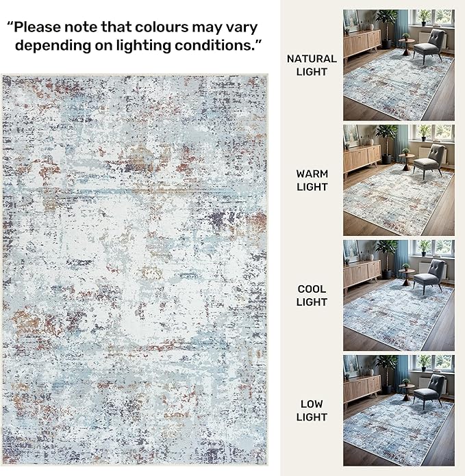 GLN Rugs Contemporary Collection - Machine Washable Area Rug, Contemporary Washable, Non Slip, Low Pile Chenille Rug, Living Room, Bedroom, Kitchen Rug (2'6" x 10' White/Grey/Blue/Brown)