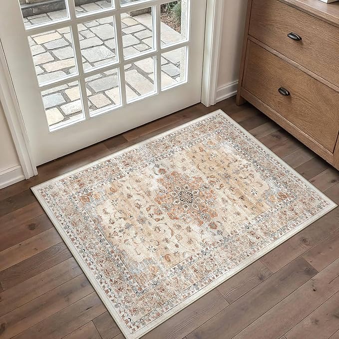 HUGEAR Entryway Machine Washable Area Rugs 2x3 Vintage Orange Small Neutral Style Non Slip Stain Resistant Low Pile Throw Carpet for Hallway Kitchen Retro Aesthetic Modern Decor