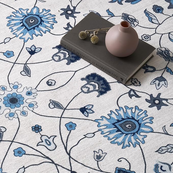 EVERGRACE Hallyway Area Runner Rugs 2x10, Boho Floral Faux Wool Indoor Outdoor Rugs, Washable Rugs for Bedroom Dining Room Living Room Kitchen, Low Pile Floor Mat Carpet for Home Decor, Porcelain Blue