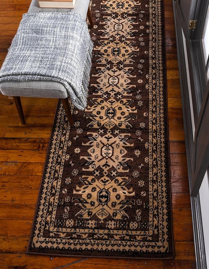 Unique Loom Taftan Collection Border Geometric Tribal Inspired Design Area Rug (2' 7 x 10' 0 Runner, Brown/ Tan)