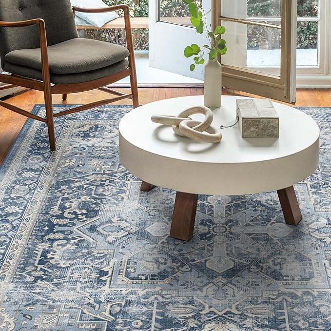RUGGABLE Washable Vintage Area Rug – Kamran Admiral Blue 5x7, Stain-Resistant, Non-Slip – Medium Machine Washable Rugs for Living Room, Bedroom, Hallway, Entryway & Office–with Standard Pad