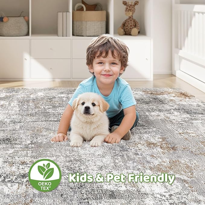 9x12 Area Rug Living Room: Washable Large Abstract Soft Stain Resistant Indoor Floor Rugs Non Slip Accent Carpet for Bedroom Nursery Playroom Office Dining Room Dorm Home House- Gray Rust