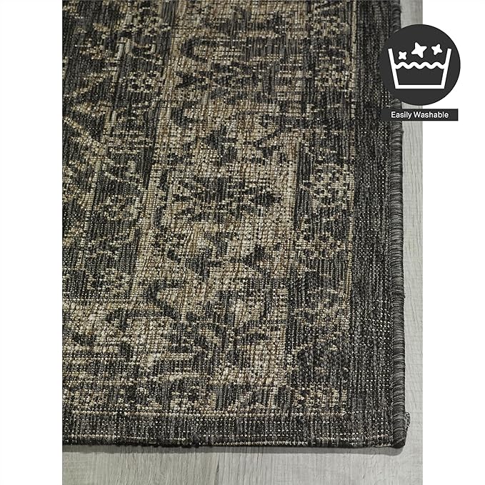 FH Home Outdoor Rug - Waterproof Easy to Clean Stain Resistant - Patio Indoor Outdoor Porch Deck Balcony Entryway - Vintage Distressed - Antalya - Gray - 5ft 2in x 7ft 6in