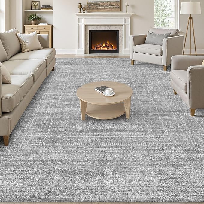 10x14 Area Rugs Living Room: Washable Large Vintage Grey Rug Neutral Non-Slip Soft Stain Resistant Indoor Carpet for Bedroom Nursery Dining Room Under Table Bed Home House Office Playroom