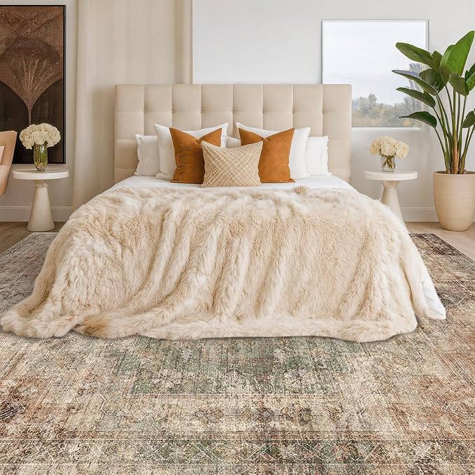 Farmhouse Floor Rugs for Living Room - Brown and Green Dining Room Area Rugs 8x10 for Bedroom, Washable, Soft, Lightweight & Stain Resistance, Neutral Dark Vintage Medallion Decor