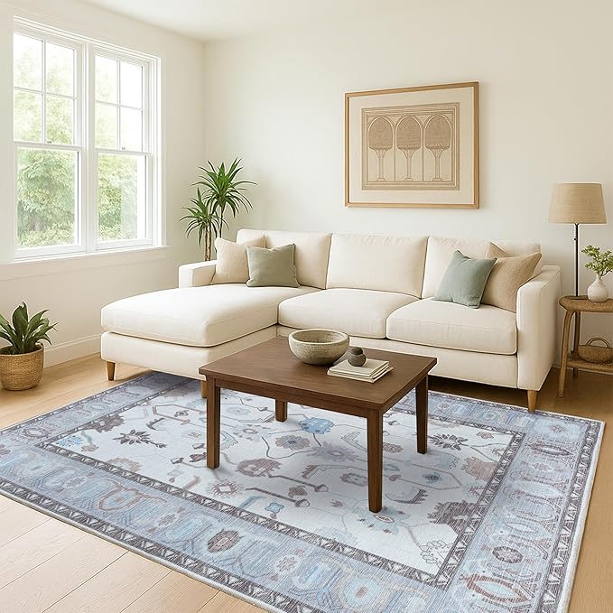 Fame Living Cream Grey Oushak Runner Rug, Modern Runners, Vintage, Turkish, Eclectic, Floral, Pastel, Washable, Runner for Hallway, Kitchen, Bedroom, Bathroom, 2'5"x9'8"