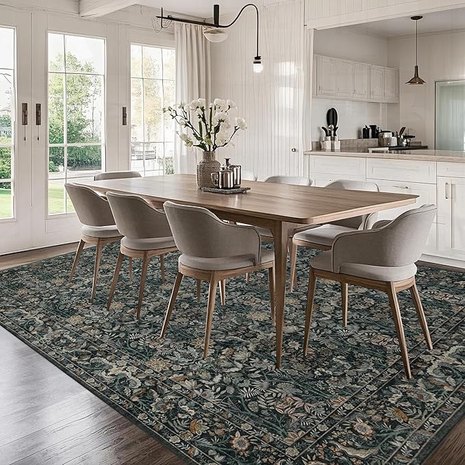 Washable Living Room Rug: 9x12 Boho Floral Soft Area Rug for Bedroom Decor - Vintage Low Pile Thin Carpet for Dining Room Non-Slip - Farmhouse Stain Resistant Rugs - Dark Green