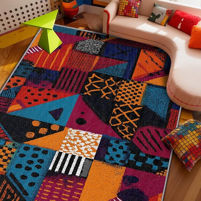Patchwork Living Room Rug - Geometric Abstract Rug, 7x9 Area Rugs, Multicolor Retro Aesthetic Washable Foldable Large Carpet Home Decor #C024