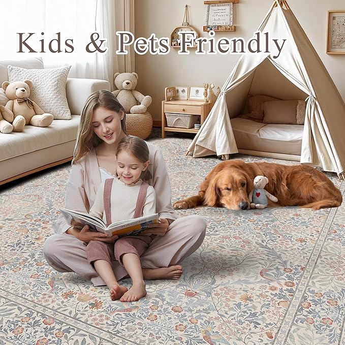 5x7 Floral Washable Area Rugs for Living Room, Vintage Boho Large Rug for Bedroom Dining Room, Distressed Botanical Birds Non Slip Low Pile Forest Animal Throw Carpet for Farmhouse Office, Beige Blue