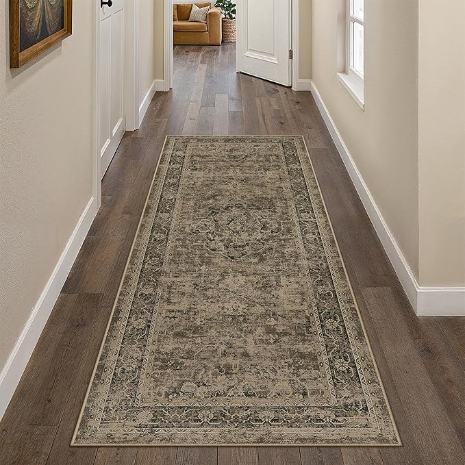 Hallway Runner Rug 2x6 Washable Brown Vintage Distressed Long Runner Oriental Soft Thin Indoor Carpet Non Slip Low Pile Throw Rug for Kitchen Bedroom Laundry Bedside Entryway