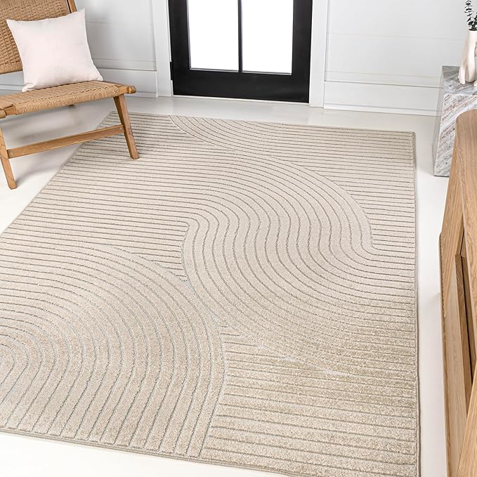 JONATHAN Y Hallie High-Low Curve Beige/Cream 5x8 Indoor/Outdoor Area Rug, Minimalist Geometric, Pet Friendly, for Patio, Backyard, Living Room, Bedroom, Office, Hose-Washable (SCN100D-5)
