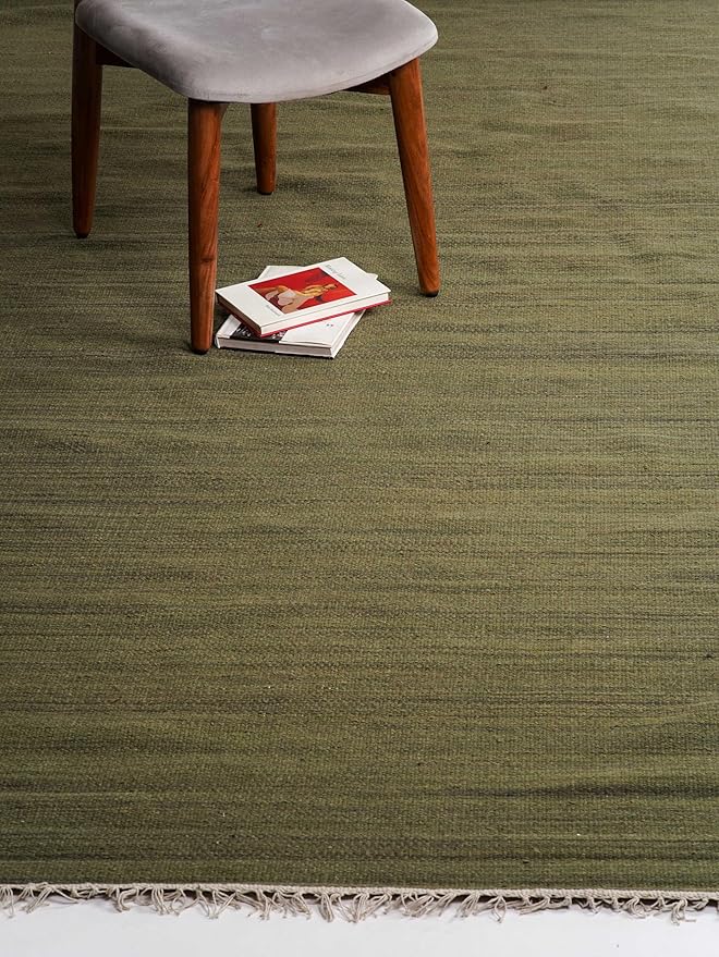 Rugsotic Carpets Hand Woven Flat Weave Kilim Wool ECO-Friendly Area Rugs - 8'x10', Rectangle Shape, Olive Color, Solid Plain Design, Low Pile Handmade Area Rugs for Living Room, Bed Room (D00111)