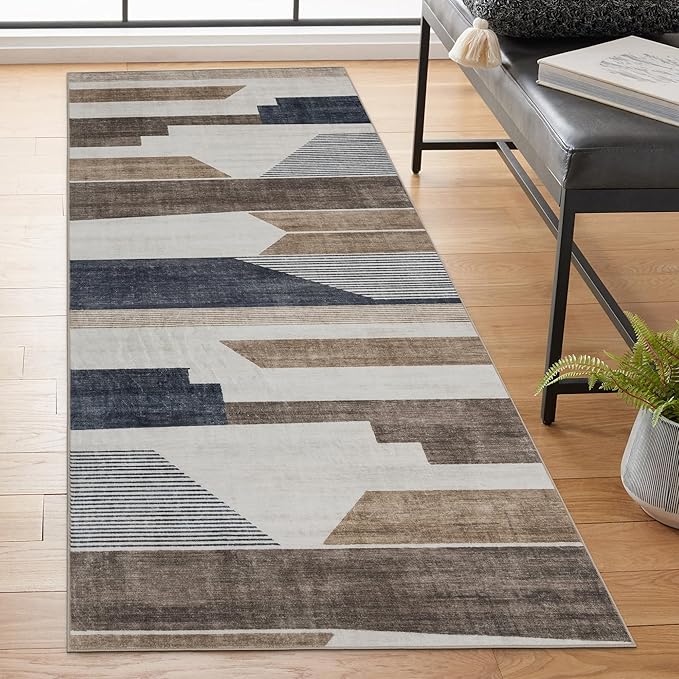 ReaLife Rugs Machine Washable Area Rug Runner - Living Room Bedroom Bathroom Kitchen Entryway Office - Non-Slip Baking Low Pile Stain Resistant Premium - Modern Geometric - Theo - Beige 2'6" x 6'
