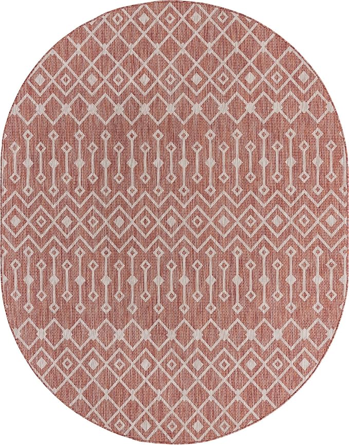 Unique Loom Outdoor Trellis Collection Area Rug - Tribal Trellis (7' 10" x 10' Oval, Rust Red/ Ivory)