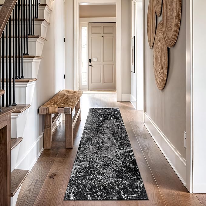 Rugshop Abstract Marble Shag Runner Rug Anthracite Dark Gray 2' 3" x 12' Great for Long Hallways, Open Entryways, or Galley Kitchens