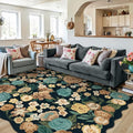 Washable Floral Area Rug 5x7 Black Living Room Carpet Scalloped Flower Non Slip Soft Bedroom Rug Farmhouse Low Pile Thin Indoor Floor Cover for Office Dining Room Kitchen Bathroom