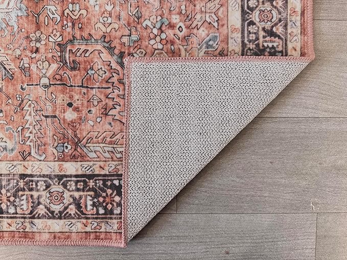GLN Rugs Traditional Collection - Machine Washable Area Rug, Traditional Washable, Non Slip, Low Pile Chenille Rug, Living Room, Bedroom, Kitchen Rug (5' x 7' Terra/Multicolor 1168)