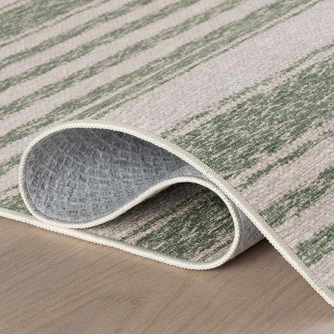 Dash & Albert Xaren Green Machine Washable Rug, 6 X 9 Feet, Green/Grey Stripe Pattern